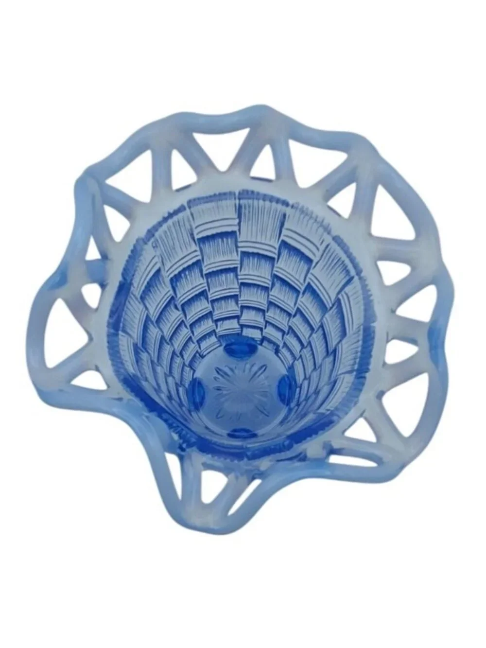 Fenton Glass Blue Opalescent Basket Weave 4 Toed Bud Vase Lace Ruffle Vintage